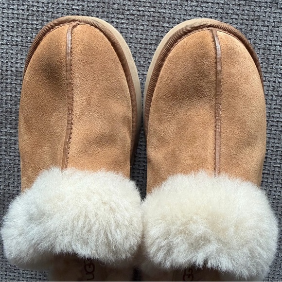 UGG Disquette Chestnut Suede Platform Slippers 9 Sheepskin Fur 1122550 Coquette - Picture 6 of 12
